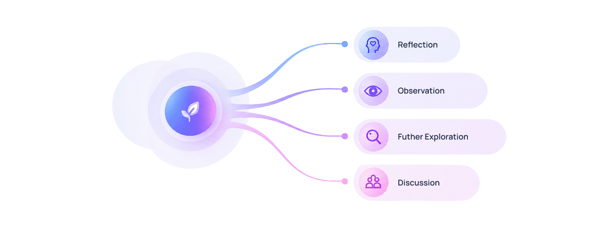 Diagram connecting reflection, observation, further exploration, and discussion