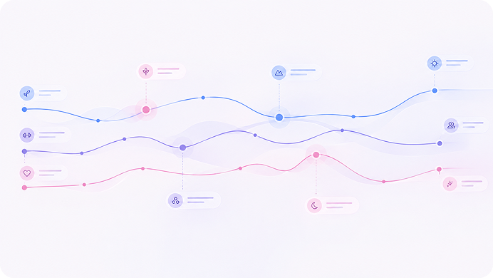 Illustration of journey over time with icons and wave